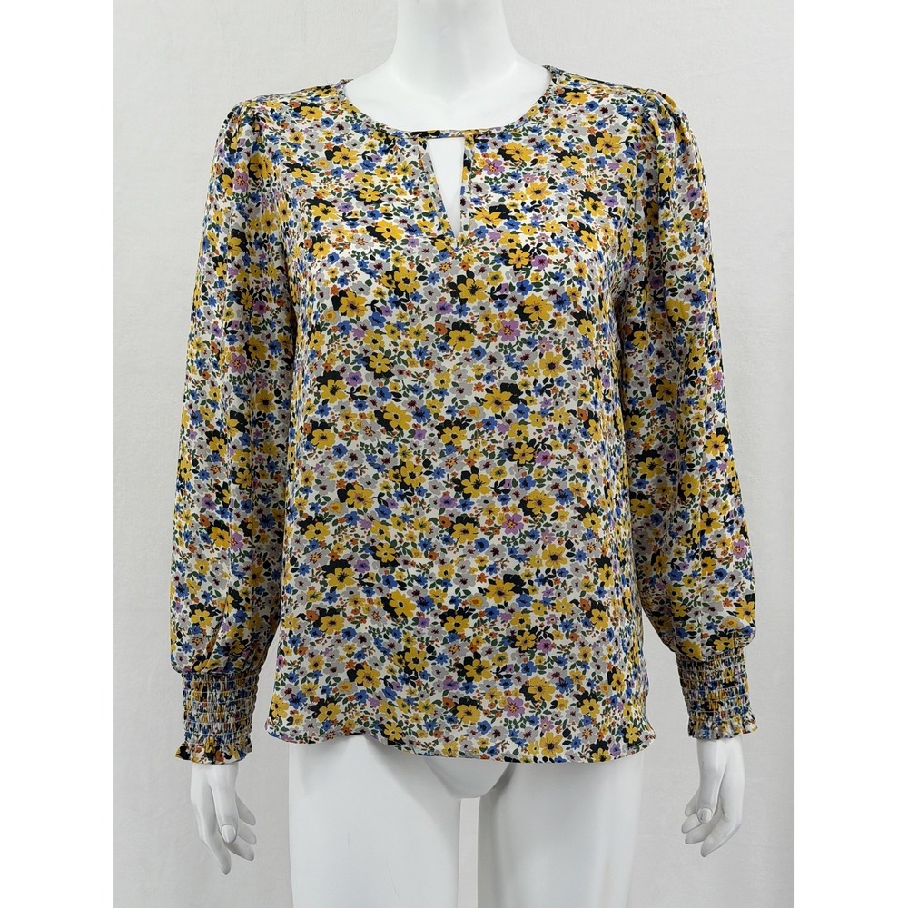 Pleione Top Womens Small Yellow Floral Sheer Boho Cottage Long Balloon Sleeve